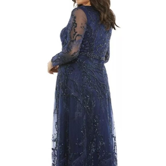 Mac Duggal Midnight Blue Embellished Illusion Long Sleeve A-Line Gown - Picture 1 of 4